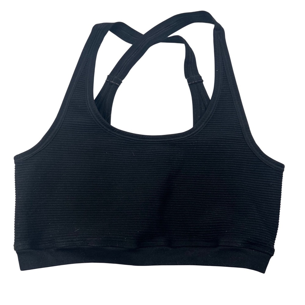 NUX Ribbed Seamless‎ Sports Bra Black Cross Back Athleisure Workout Size M - Picture 2 of 6